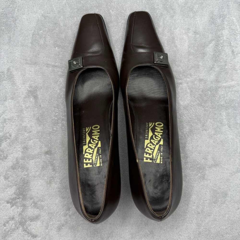 Salvatore Ferragamo Chocolate Brown Leather Square-Toe Pumps - Picture 6 of 8